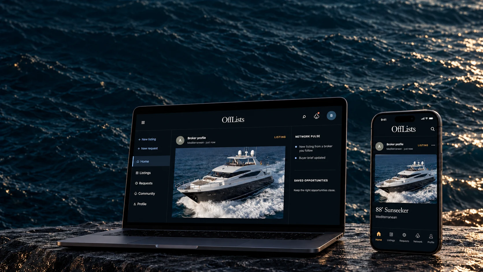 OffLists broker workspace displayed on a MacBook and a phone beside the sea